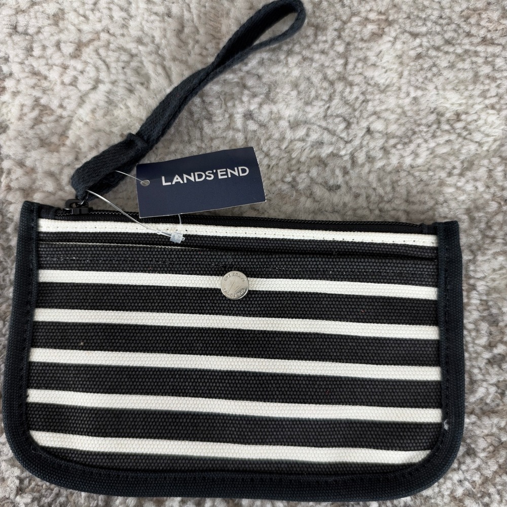 New Lands' End Size S Canvas Stripe Wallet Media Pouch Wristlet Black/White